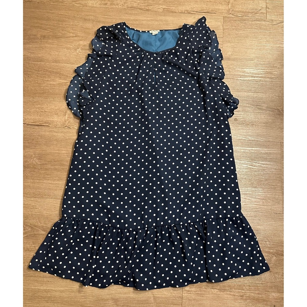 J.Crew Navy Blue White Polka Dot Ruffle Shoulder Flounce Hem Shift Dress M